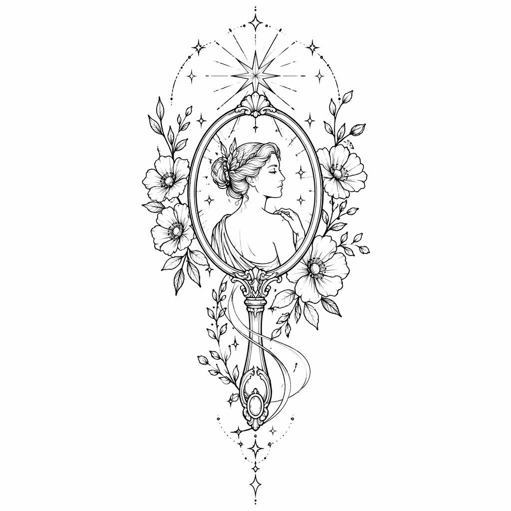 Fineline-Tattooentwurf eines neo-traditional Venusspiegels auf weißem Papier, klare Linien, hohe Kontraste.