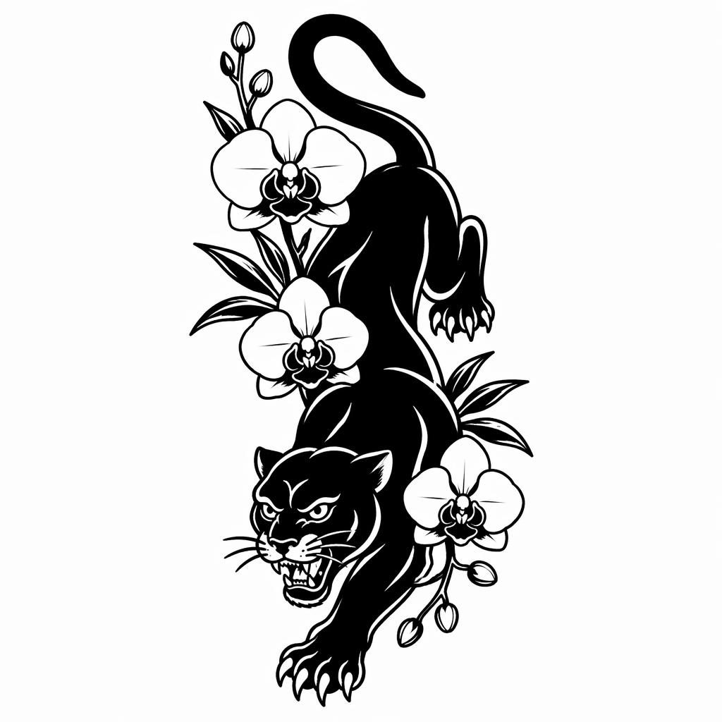 Diseño de tatuaje en papel blanco con pantera tradicional en movimiento, líneas negras gruesas y alto contraste.