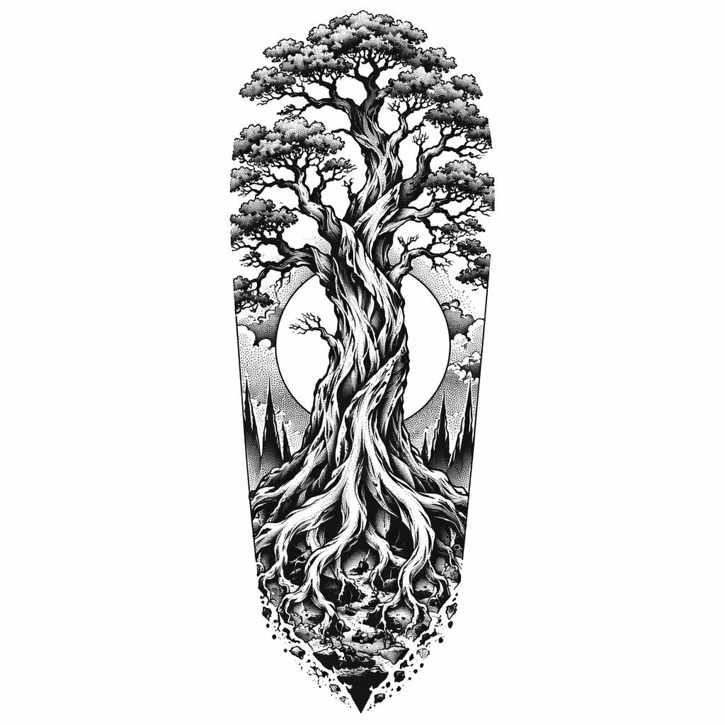 Blackwork dotwork tree tattoo design on white paper with bold lines, high contrast, and clean flash-sheet style.