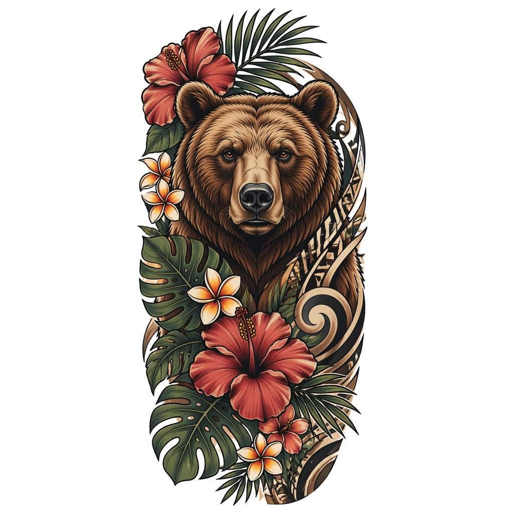 Diseño de tatuaje en papel blanco con oso floral neotradicional, líneas nítidas, alto contraste y fondo blanco.