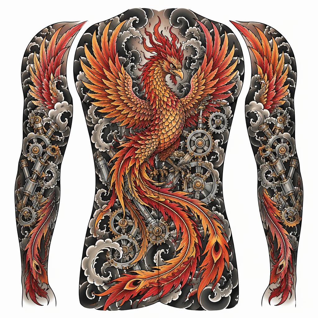 Japanischer Phoenix als Rückenmotiv im Irezumi-Stil auf weißem Papier, klare Linien, hoher Kontrast, Flash-Sheet