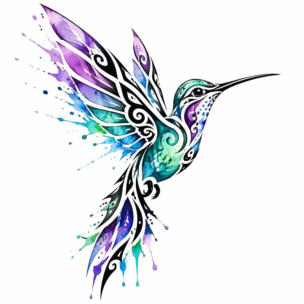 Diseño de tatuaje de colibrí en acuarela estilo tribal sobre papel blanco, líneas nítidas y alto contraste