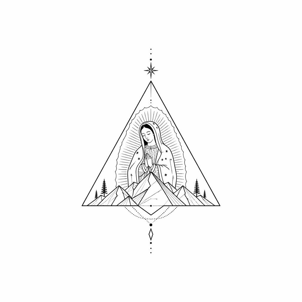 Diseño de tatuaje en papel blanco con triángulo geométrico de montaña, líneas finas, minimalista y alto contraste.