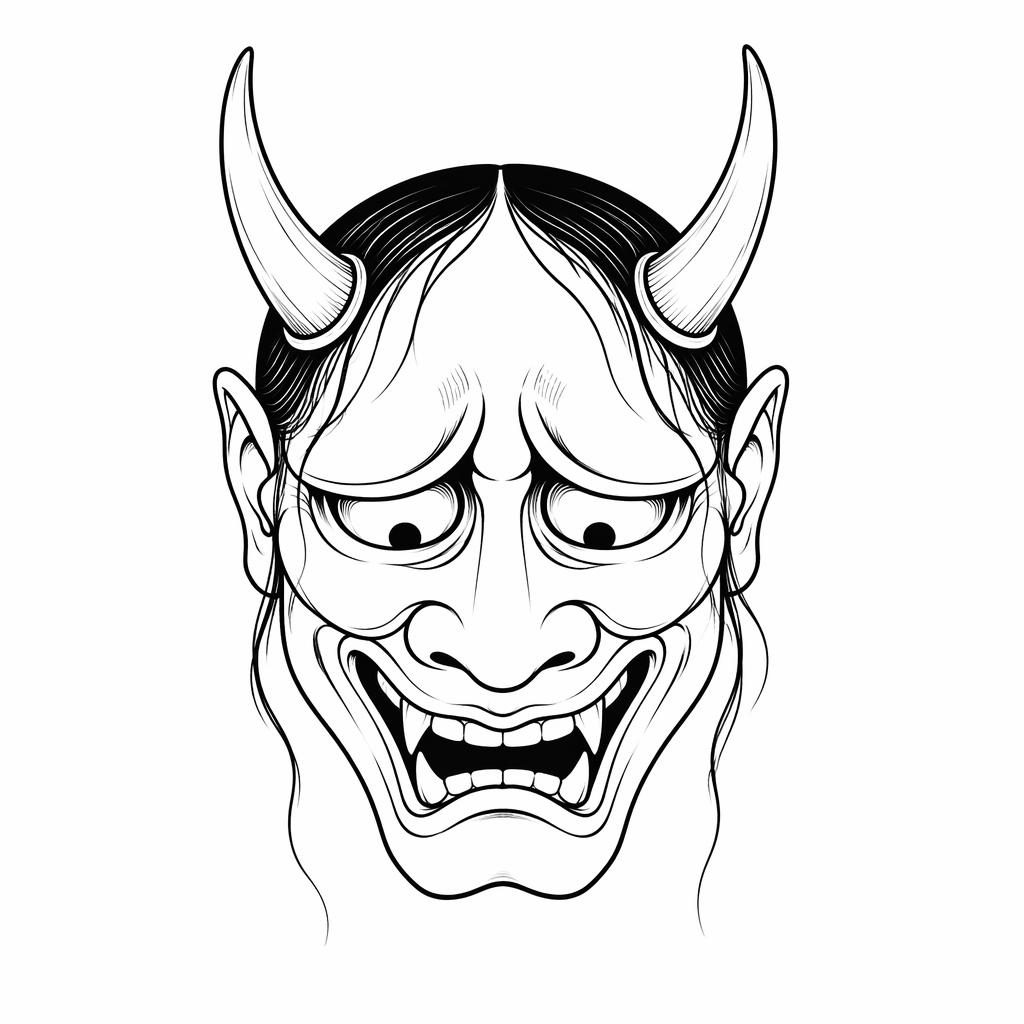 Skizzenhafte japanische Hannya-Maske als Tattoo-Design auf weißem Papier, klare Linien, hoher Kontrast, Flash-Sheet-Stil