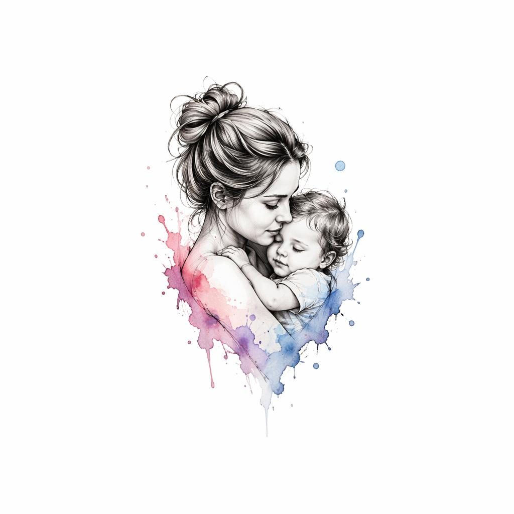 Mother and child portrait tattoo design on white paper with watercolor splash accents, high contrast lines, flash-sheet style