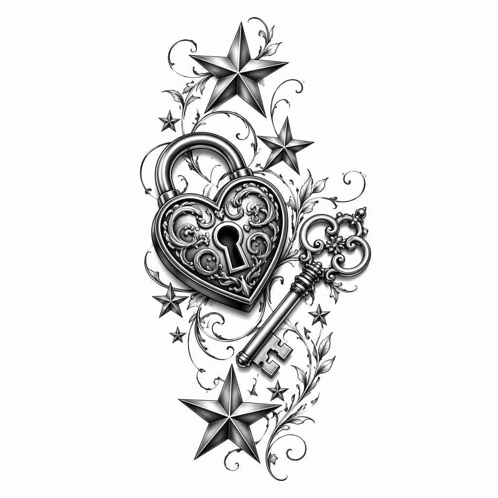 Tattoo-Design auf weißem Papier mit Schloss und Schlüssel als Best-Friend-Motiv, realistisch, kontraststark und klar gezeichnet.