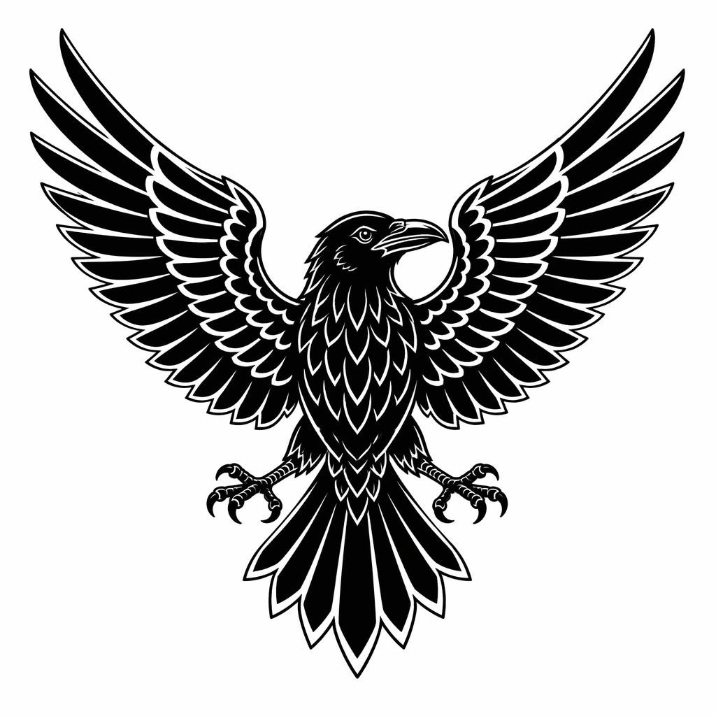 Blackwork raven tattoo design on white paper with spread wings, sharp traditional American flash-style lines.