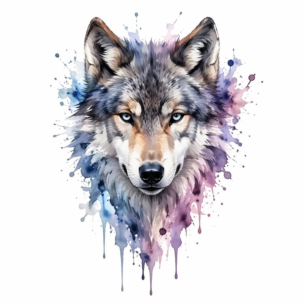 Watercolor wolf face tattoo flash on white paper, realistic portrait style with sharp lines and high contrast