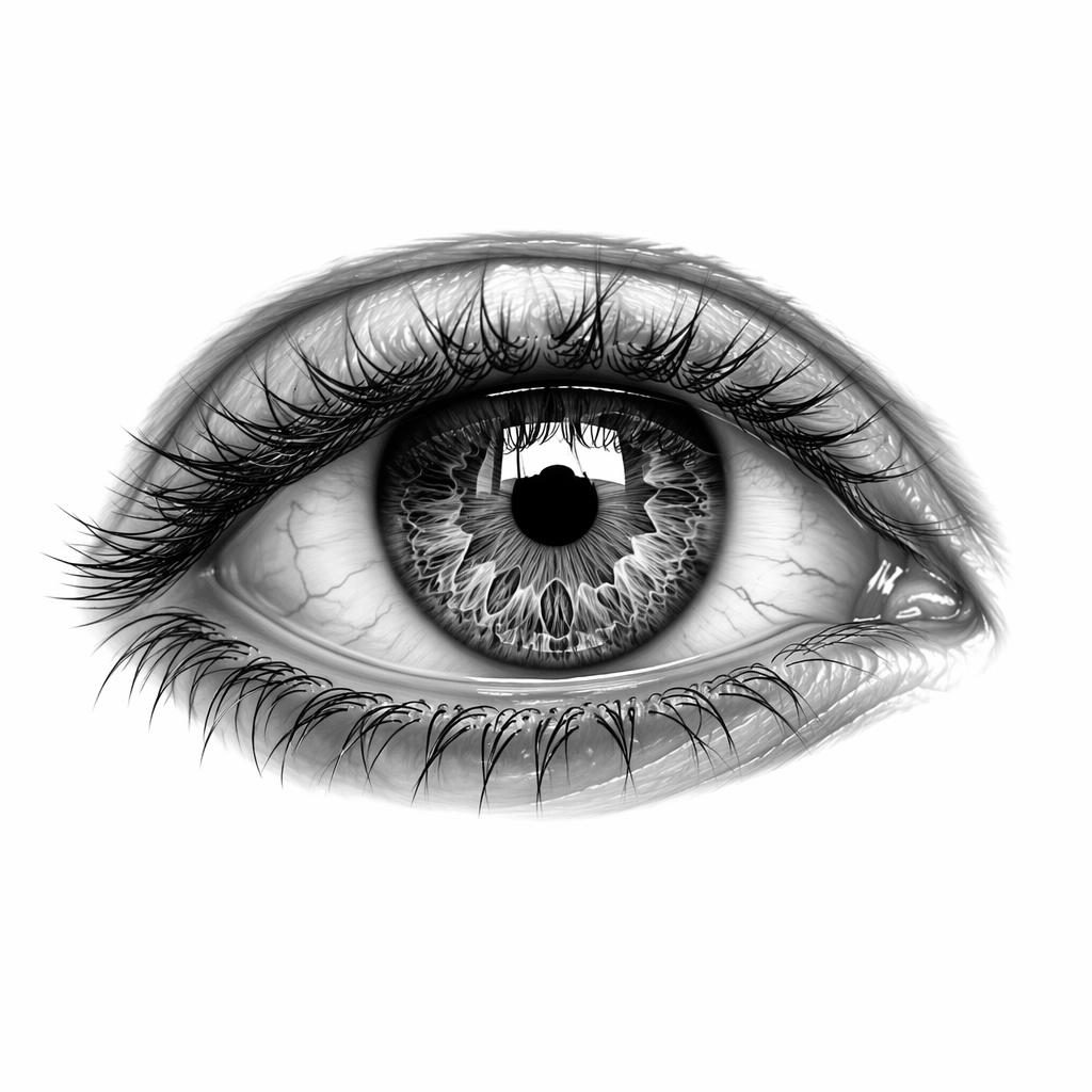 Realism eye macro tattoo design on white paper, sharp black lines, high contrast flash-sheet style on plain white background.