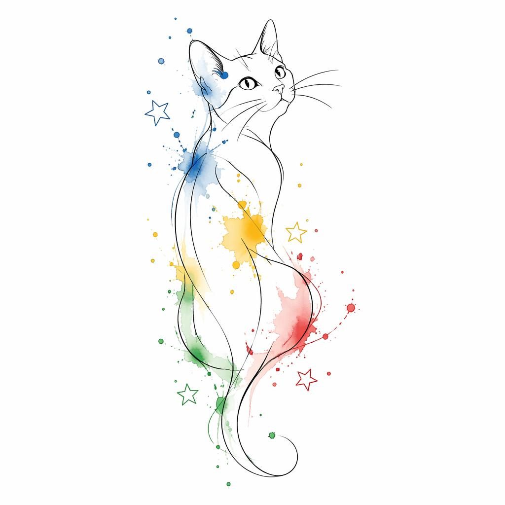 Diseño de tatuaje en papel blanco con contorno minimalista de gato fineline y salpicaduras de acuarela.