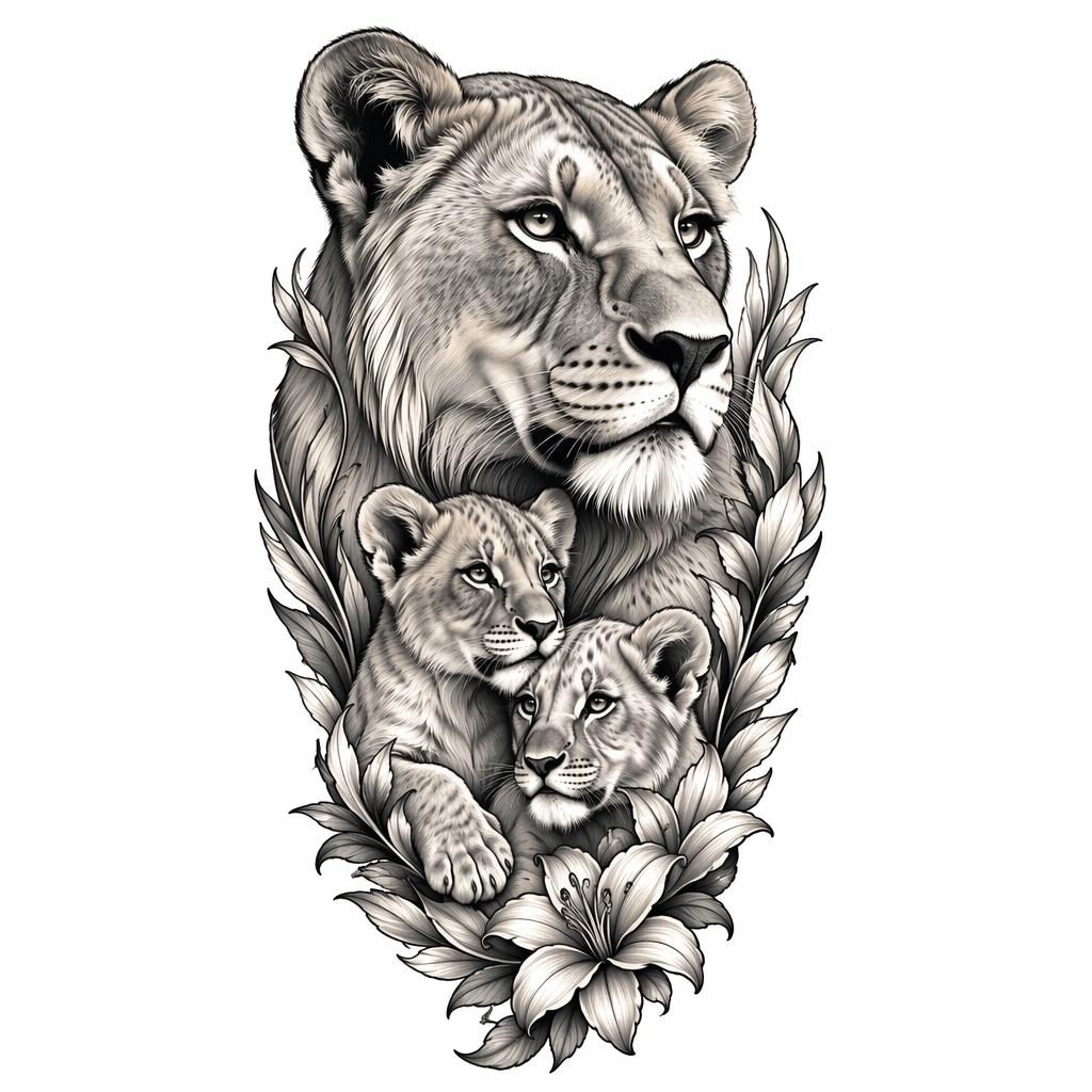 Diseño de tatuaje en papel blanco con retrato realista de león, estilo neo-tradicional y líneas nítidas tipo flash