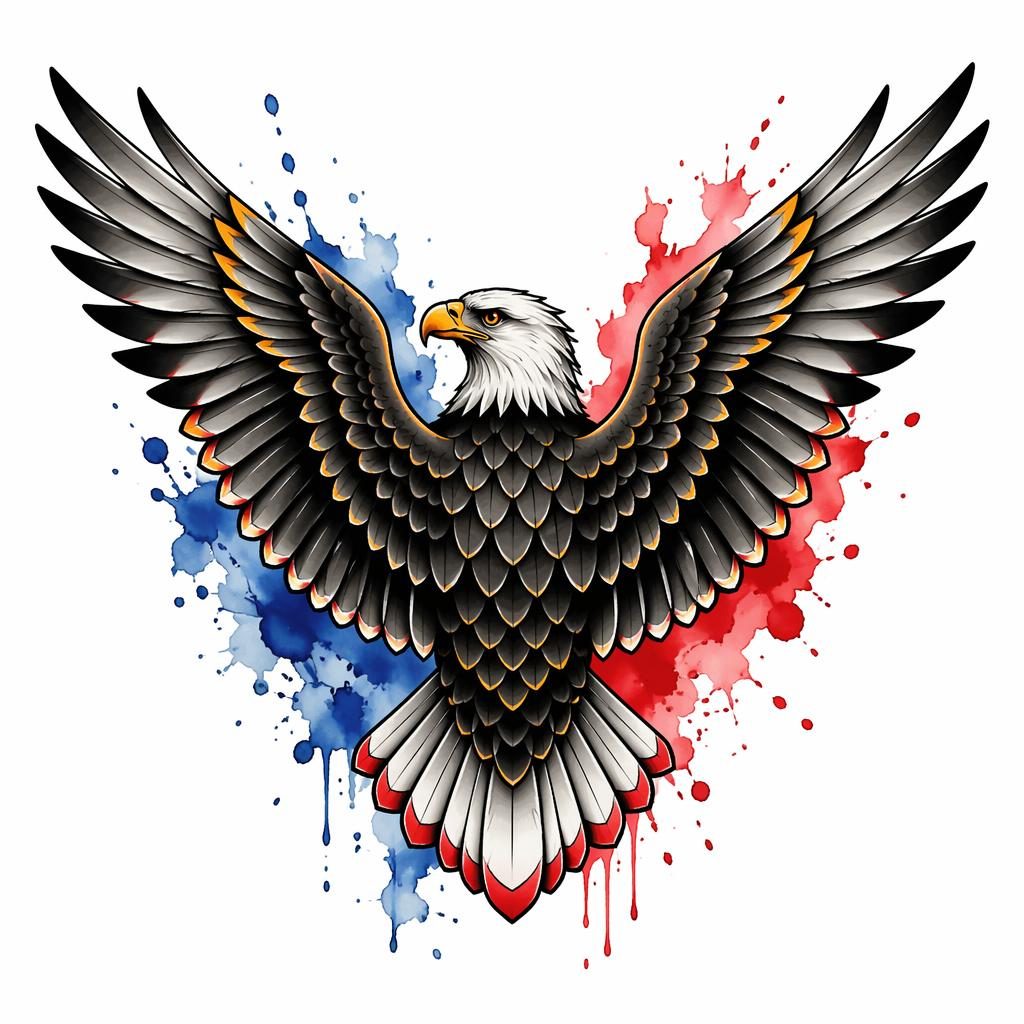Traditional eagle back tattoo design on white paper with watercolor splash accents, sharp lines, flash-sheet style.