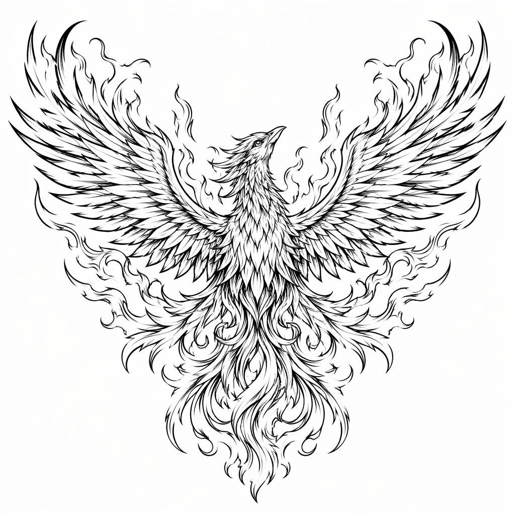 Tattoo-Entwurf eines aufsteigenden Phoenix auf weißem Papier, klare Linien, hoher Kontrast, Flash-Sheet-Stil