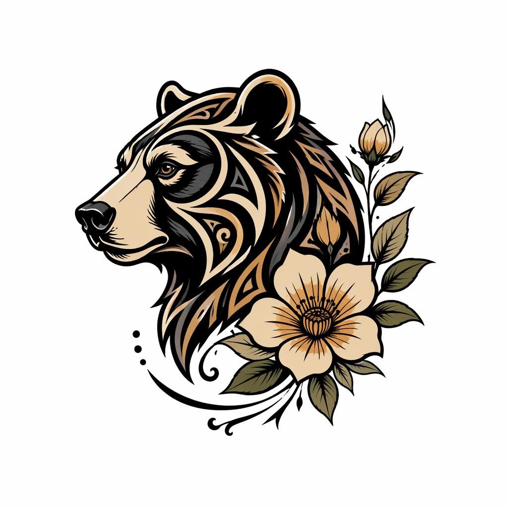 Tattoo-Design auf weißem Papier: Bär mit floralen Elementen im Tribal- und Neo-Traditional-Stil, klare Linien.