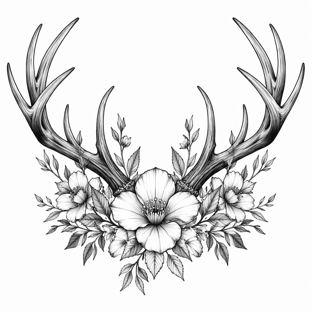 Concept de tatouage sur papier blanc avec bois de cerf réalistes en style néo-traditionnel, lignes nettes, fort contraste.