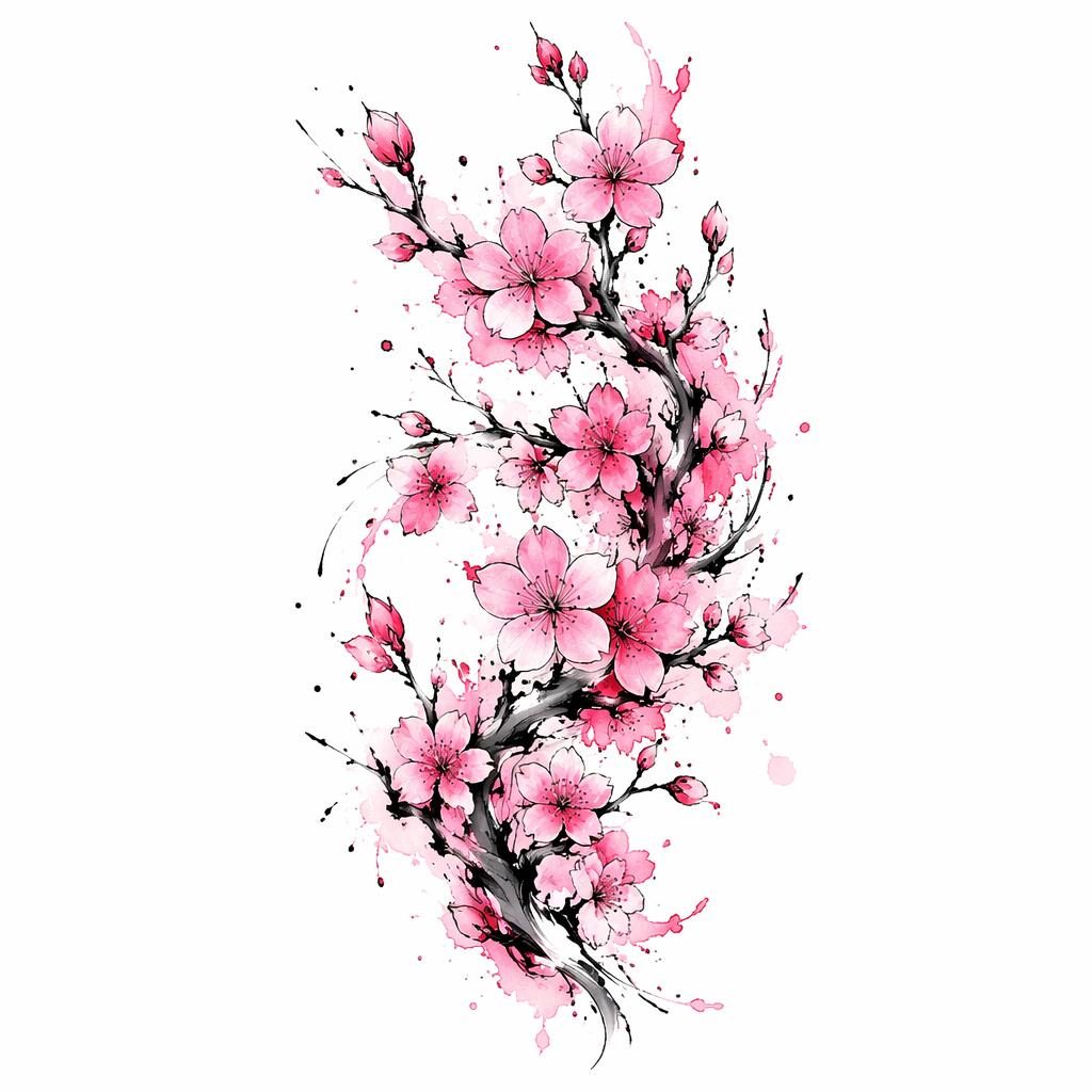 Watercolor cherry blossom branch tattoo design on white paper with sketch linework and clean flash-sheet styling.