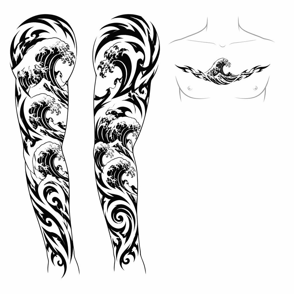Tribal-Tattooentwurf einer japanischen Welle auf weißem Papier, klare schwarze Linien, Flash-Sheet-Stil