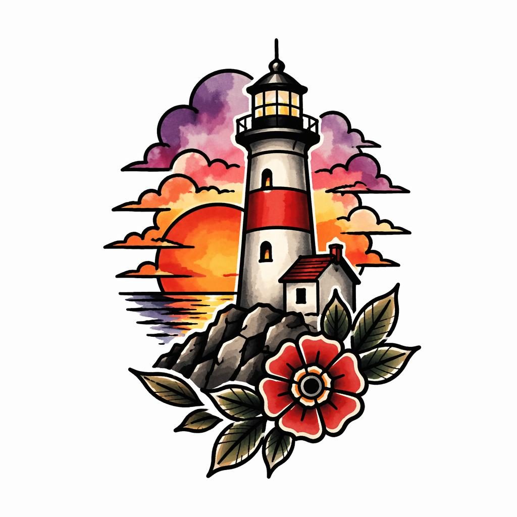Traditional American tattoo flash design on white paper with a watercolor sunset palette, sharp black lines, plain white background.