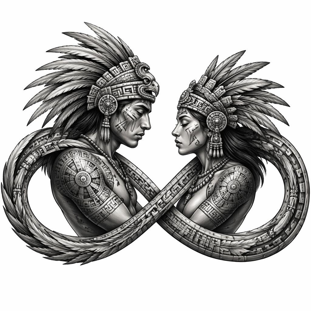 Clean tattoo flash on white paper showing a matching couple infinity design in realism portrait style with sharp lines.