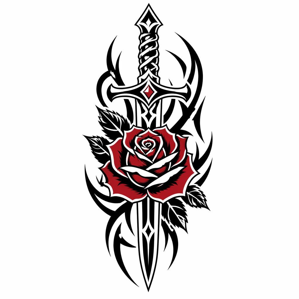 Tribal tattoo flash concept of a rose and dagger on white paper with bold black lines and clean high-contrast detail.