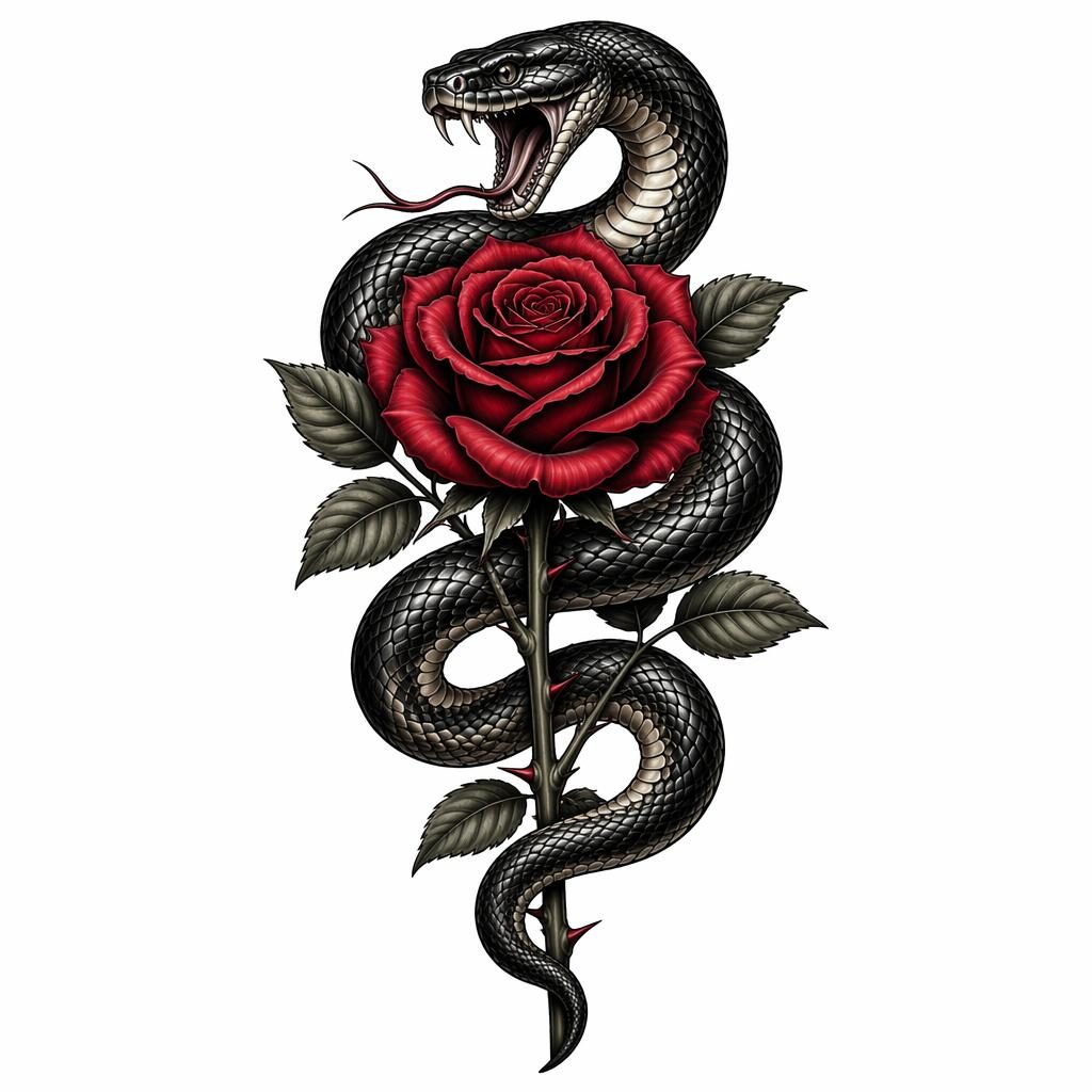 Traditional snake and rose tattoo design concept on white paper, high-contrast flash-sheet style with sharp clean lines.