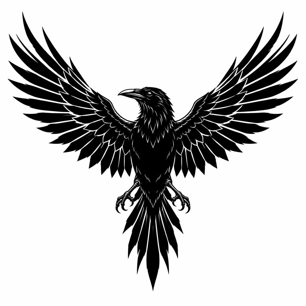 Blackwork raven tattoo design on white paper with spread wings, bold sharp lines and high-contrast flash-sheet style.