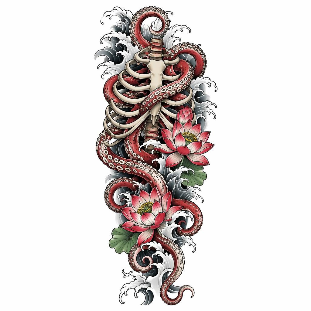Clean black ink tattoo flash of octopus tentacles and rib-like forms on white paper in Japanese irezumi style.