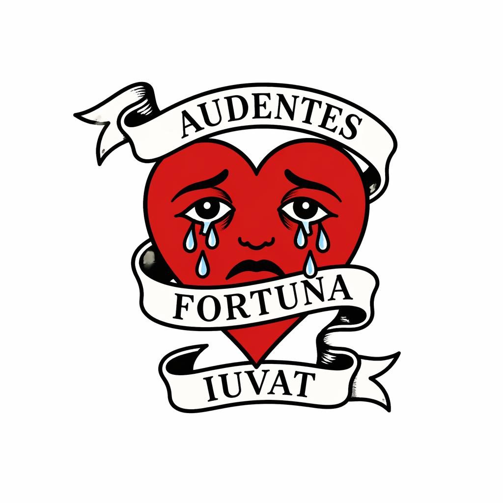 Traditional crying heart tattoo design on white paper with script lettering, clean flash-sheet lines, plain white background.