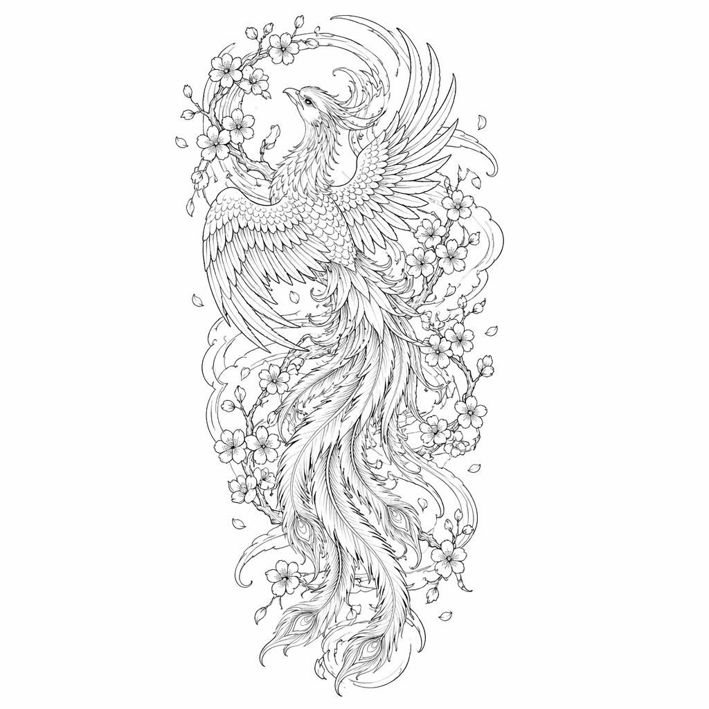 Concept de tatouage fineline d’un phénix japonais de dos sur fond blanc, illustration flash nette à lignes fines