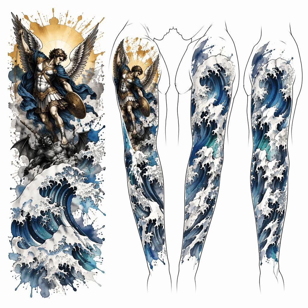 Diseño de tatuaje en papel blanco con ola japonesa tipo manga completa, salpicaduras acuarela y líneas nítidas