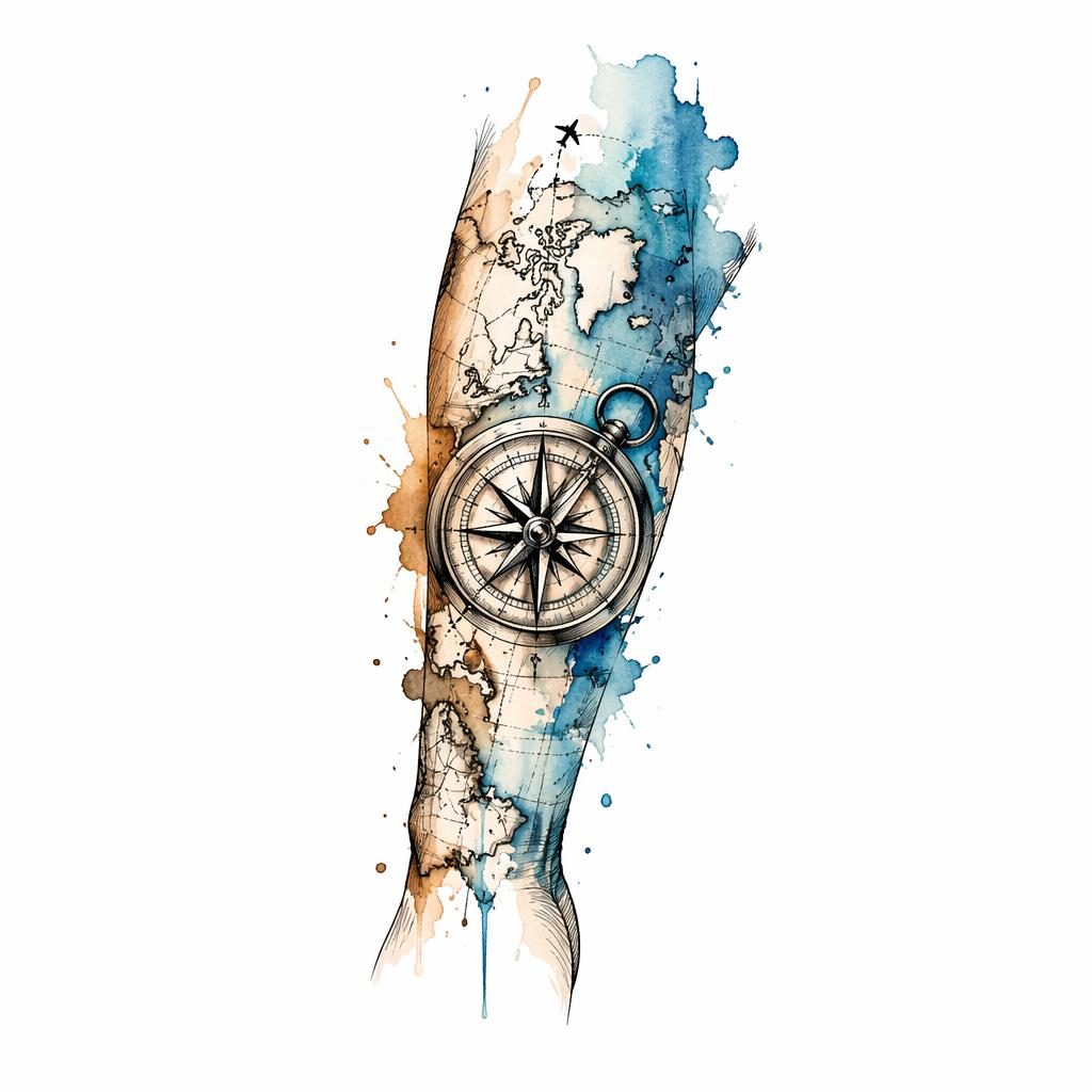 Tattoo-Design auf weißem Papier mit Kompass und Kartenmotiv im Aquarell-Splash-Stil, klare Linien, hoher Kontrast