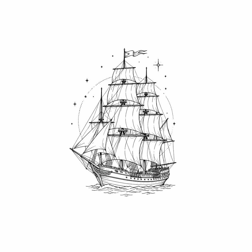 Fineline minimalist tattoo design of a tiny full-rigged traditional ship on white paper, flash-sheet style, sharp black lines.