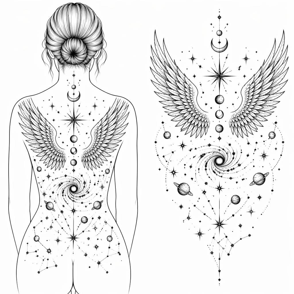 Tattoo-Entwurf auf weißem Papier mit Kosmos- und Sternenmotiv, klare schwarze Linien im Flash-Sheet-Stil.