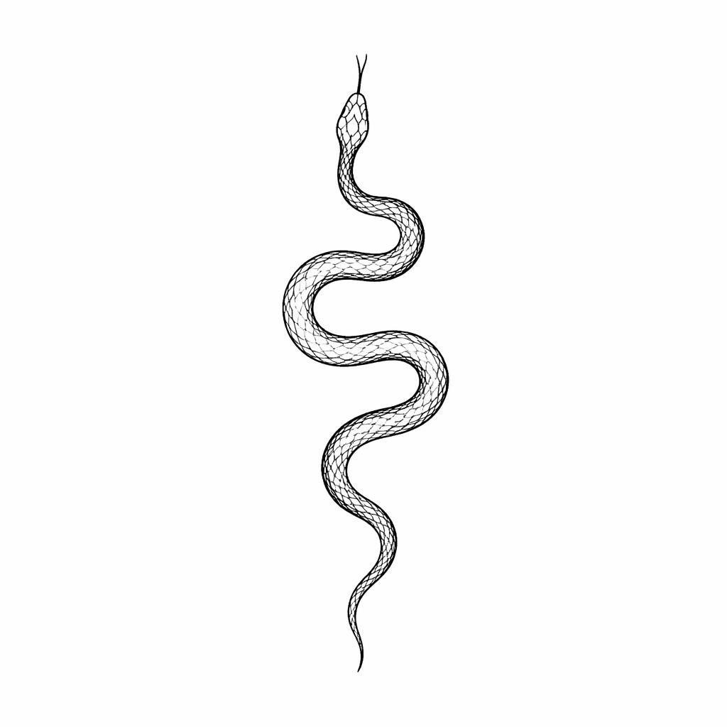 Dessin de tatouage minimaliste d’un serpent en linework, tracé net sur papier blanc, style flash-sheet.