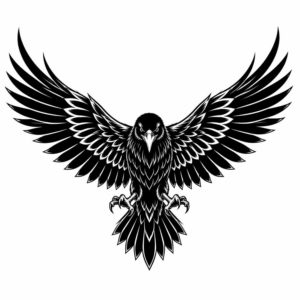 Blackwork raven with spread wings drawn on white paper in bold tattoo flash style with sharp high-contrast lines.