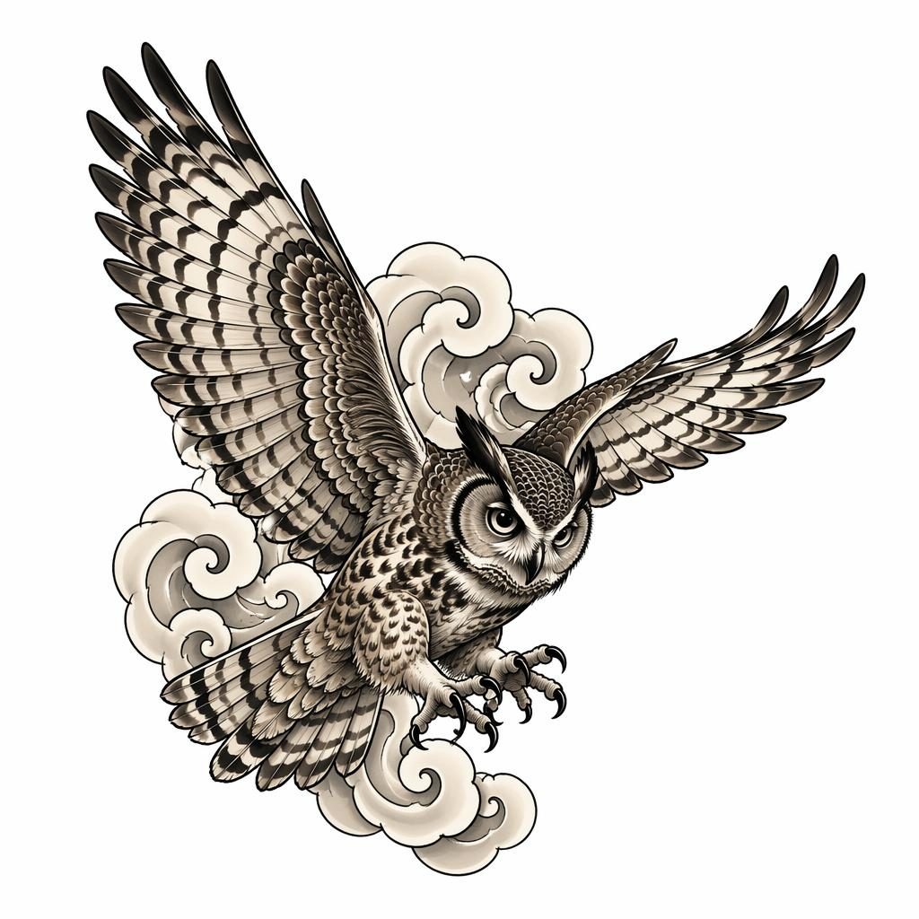 Realism owl in flight tattoo design on white paper in Japanese irezumi style, clean flash-sheet linework.