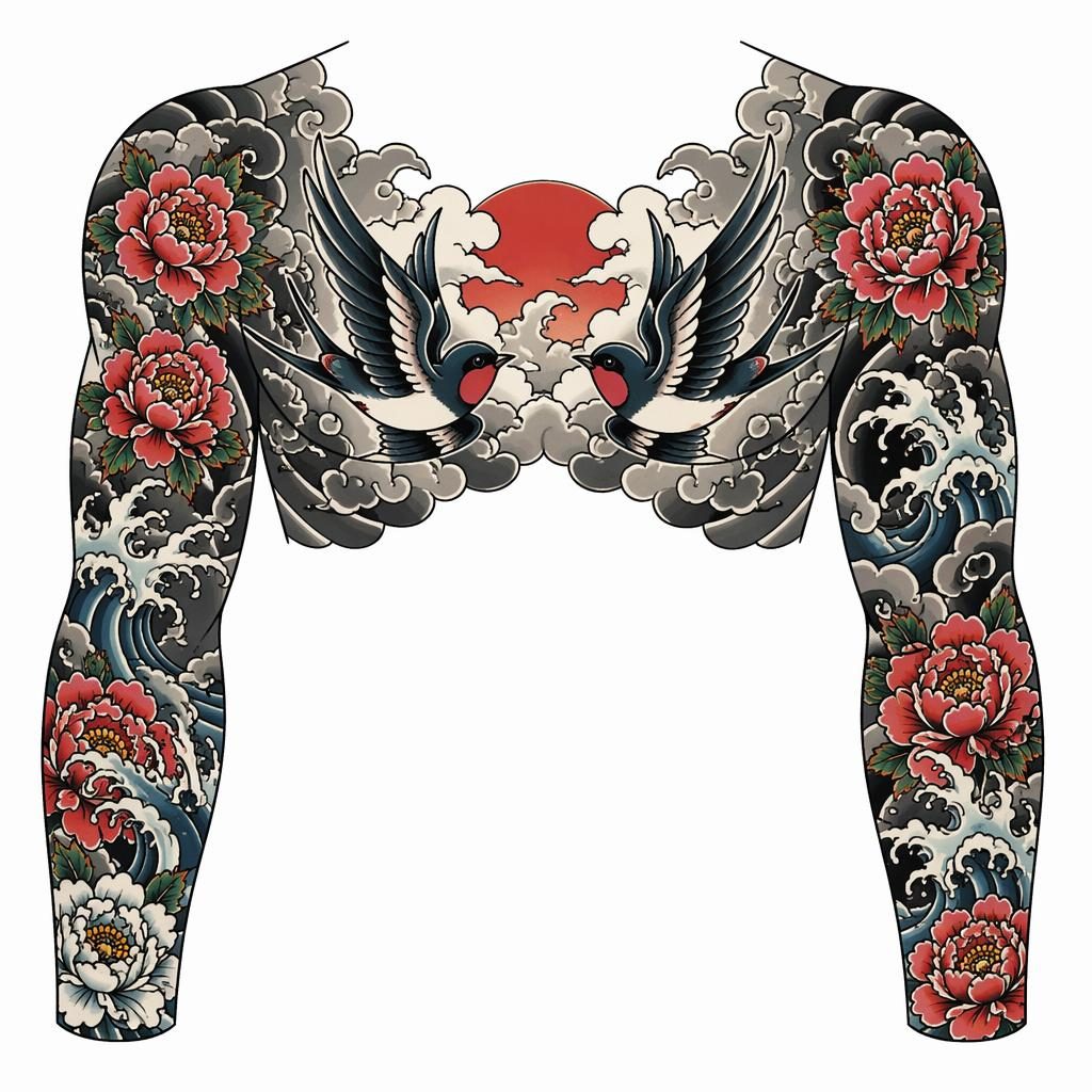 Traditional swallow chest tattoo design on white paper in Japanese irezumi style, clean flash-sheet linework.