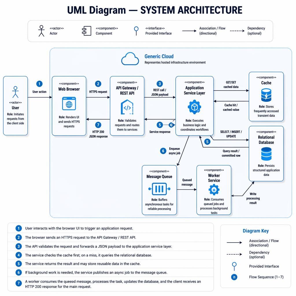 UML-Diagramm einer Systemarchitektur mit User, Browser, API, Service-Layer, Cache, Message Queue, Worker, Datenbank und Cloud.