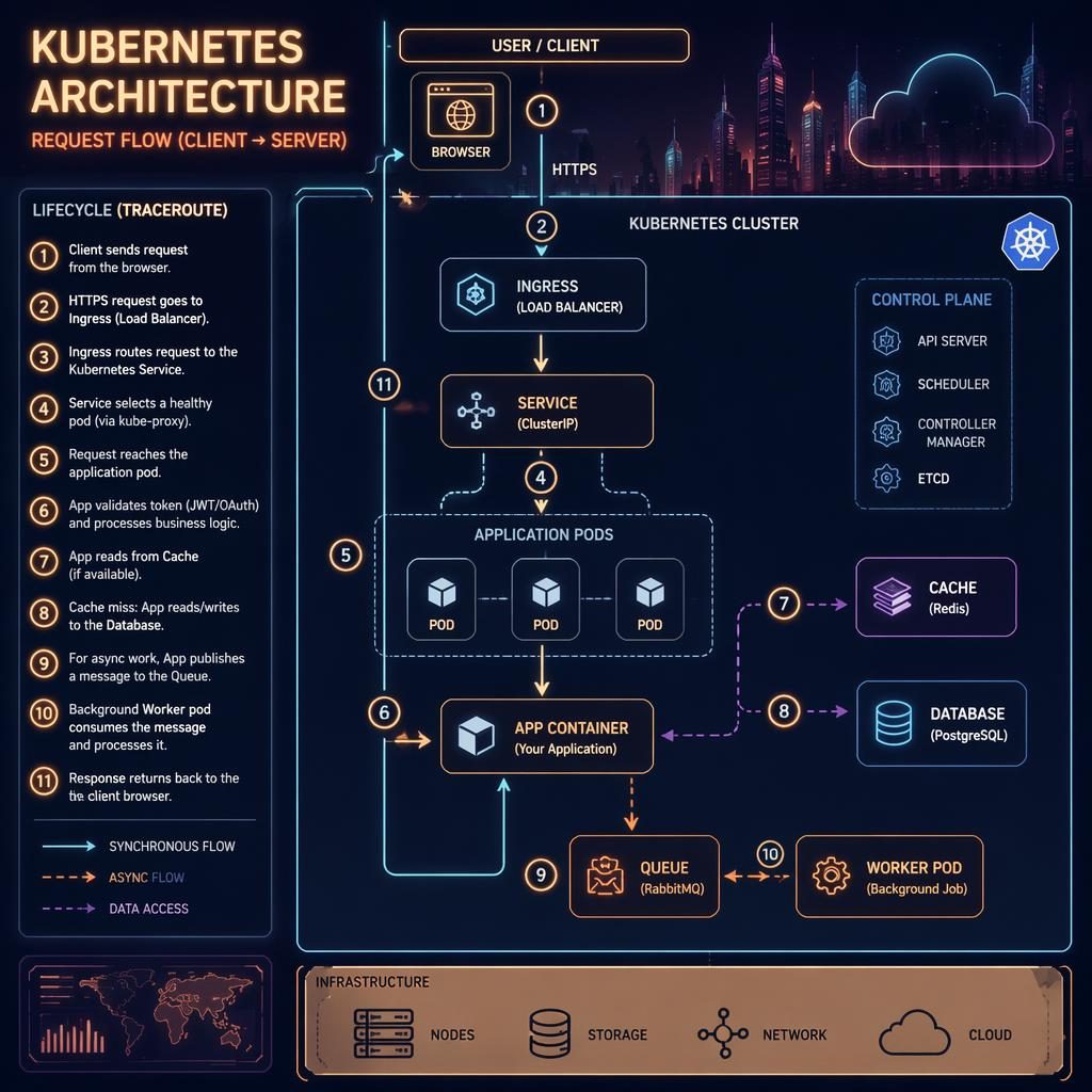 Cyberpunk neon infographic of Kubernetes request flow with browser, API, DB, cache, and queue boxes linked by arrows.