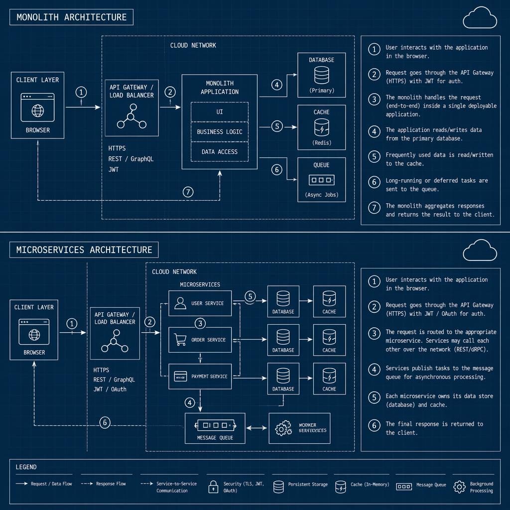 Minimal monochrome blueprint diagram comparing monolith and microservices with browser, API, DB, cache, queue, arrows, and legend.