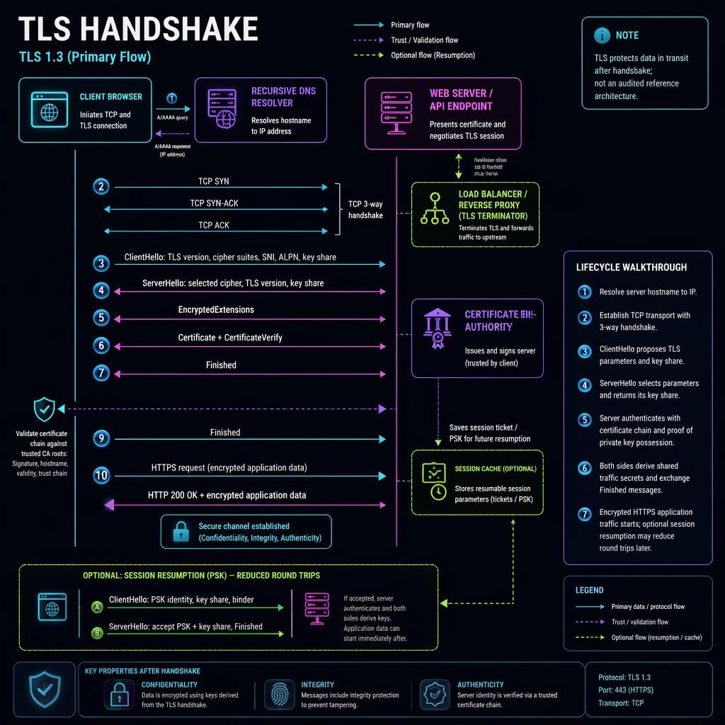 Dark-mode vector infographic of a TLS Handshake with numbered arrows between browser, DNS, web server, CA, proxy, and cache.