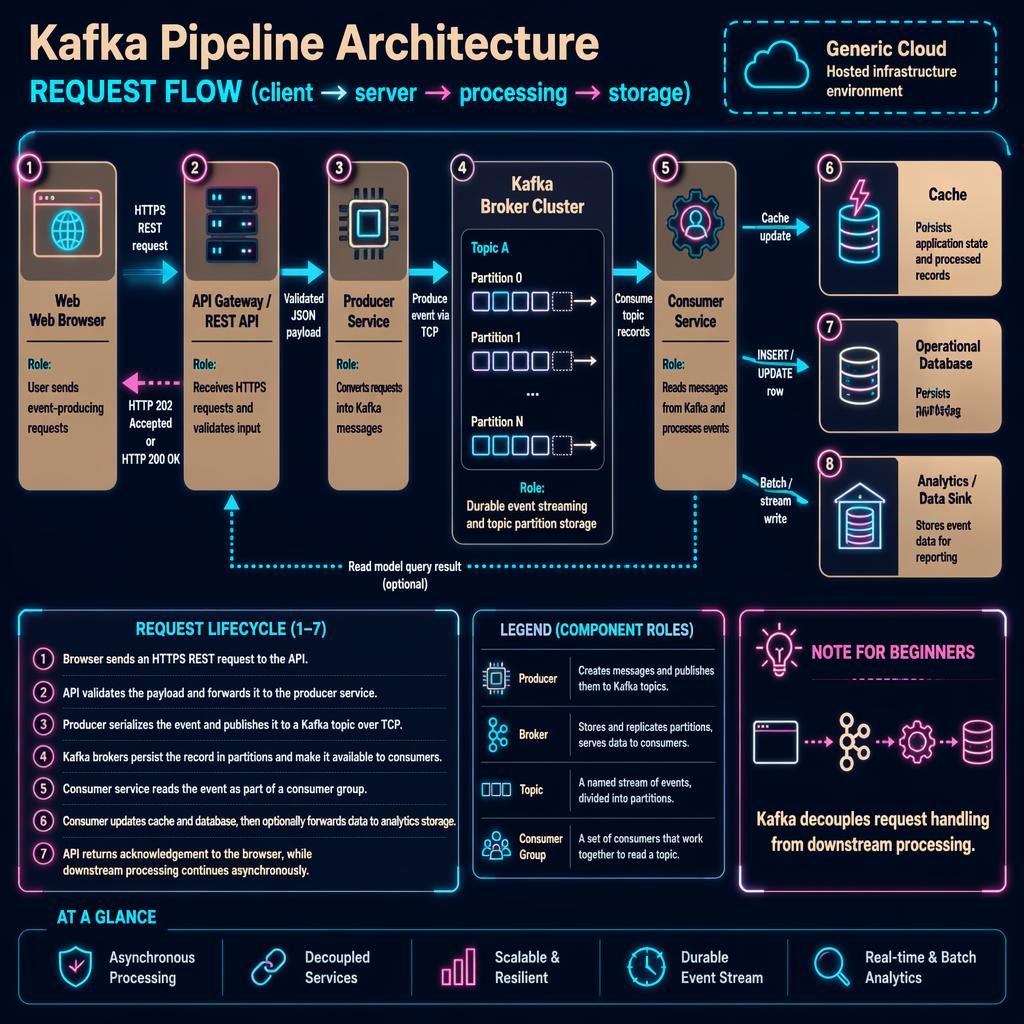 Cyberpunk infographic of a client server network architecture diagram showing browser, API, producer, Kafka, consumer, cache, DB.