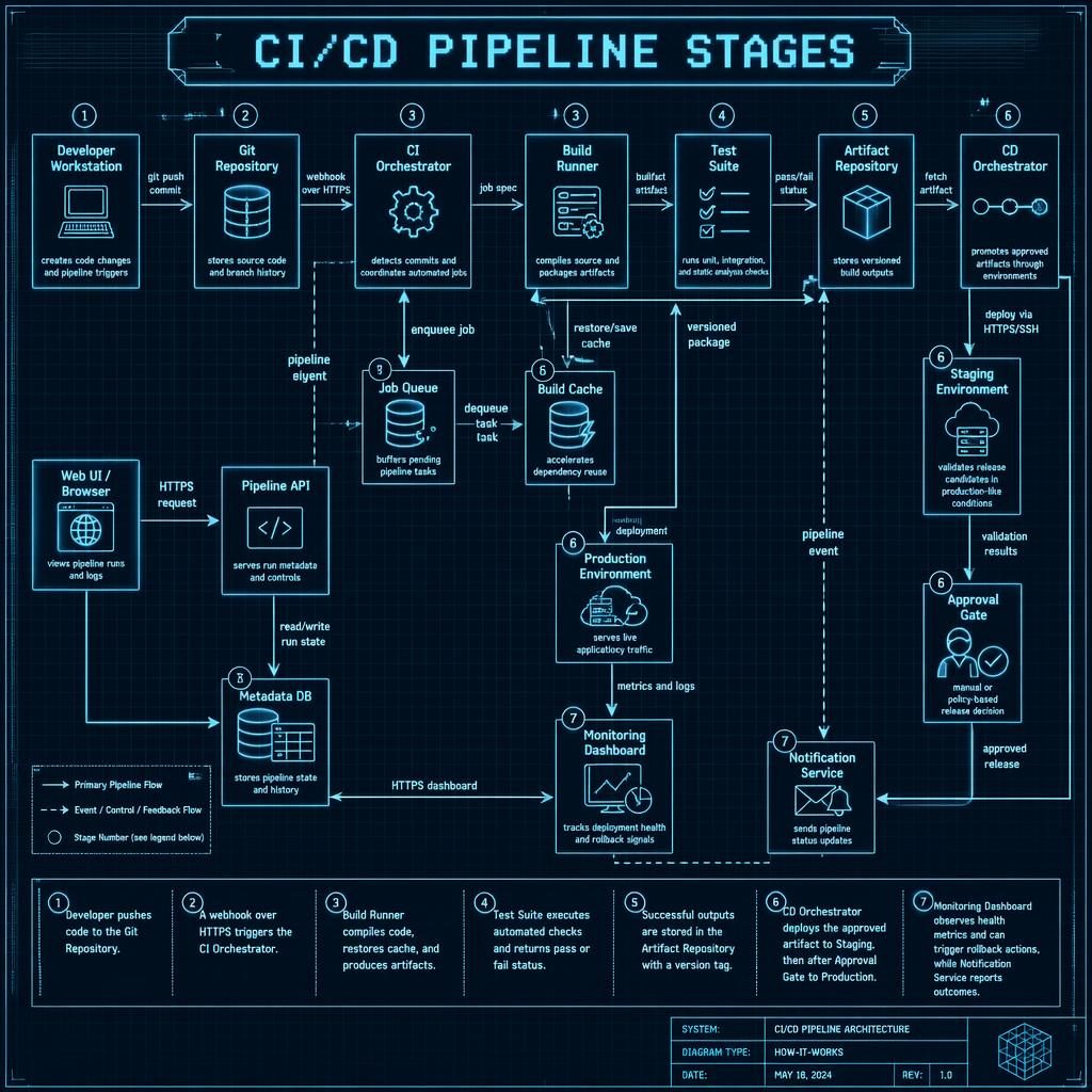 Retro blueprint-style CI/CD pipeline infographic with labeled boxes, arrows, legend, and cyan vector architecture flow.