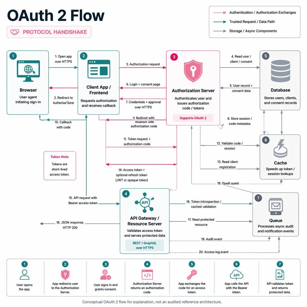 Flat vector OAuth 2 flow infographic with numbered arrows, app, auth server, API, database, cache, queue, pink and teal