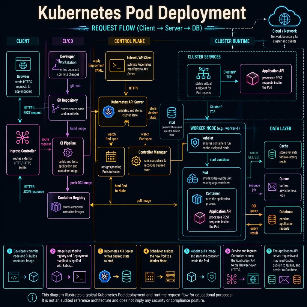 Tech infographic of Kubernetes pod deployment and request flow with labeled boxes, arrows, legend, and neon beige navy style.