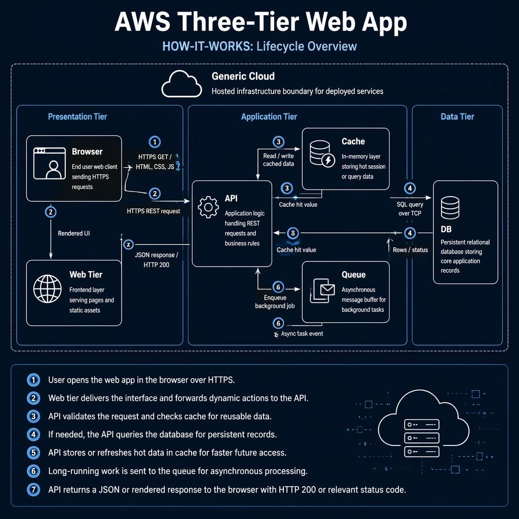 Minimal monochrome tech infographic of a three-tier web app with browser, web tier, API, cache, queue, DB, arrows, and 1-7 flow.