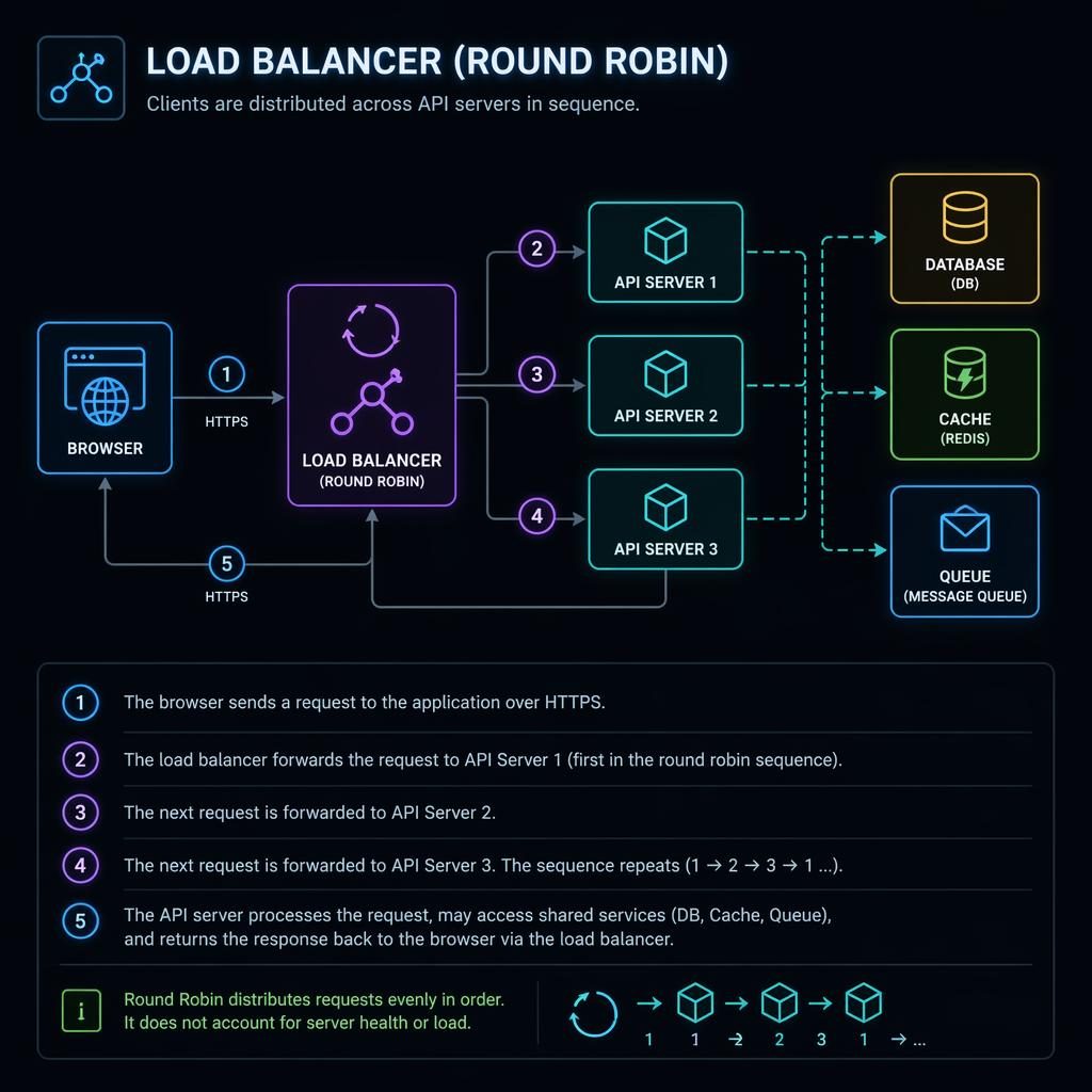 Dark-mode neon architecture infographic showing round robin load balancer flow between browser, API, DB, cache, and queue.