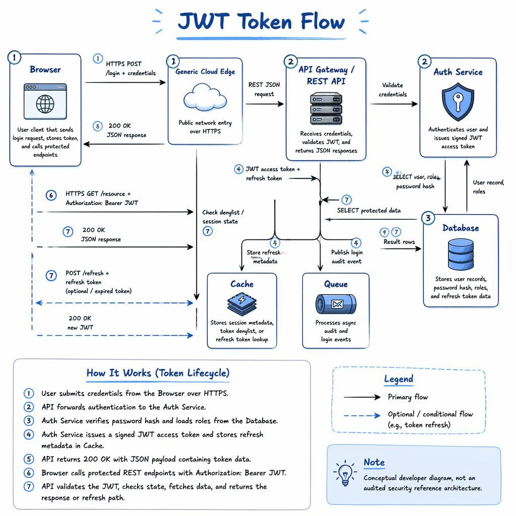 Hand-drawn whiteboard-style JWT token flow infographic with browser, cloud edge, API, auth service, cache, queue, and database.