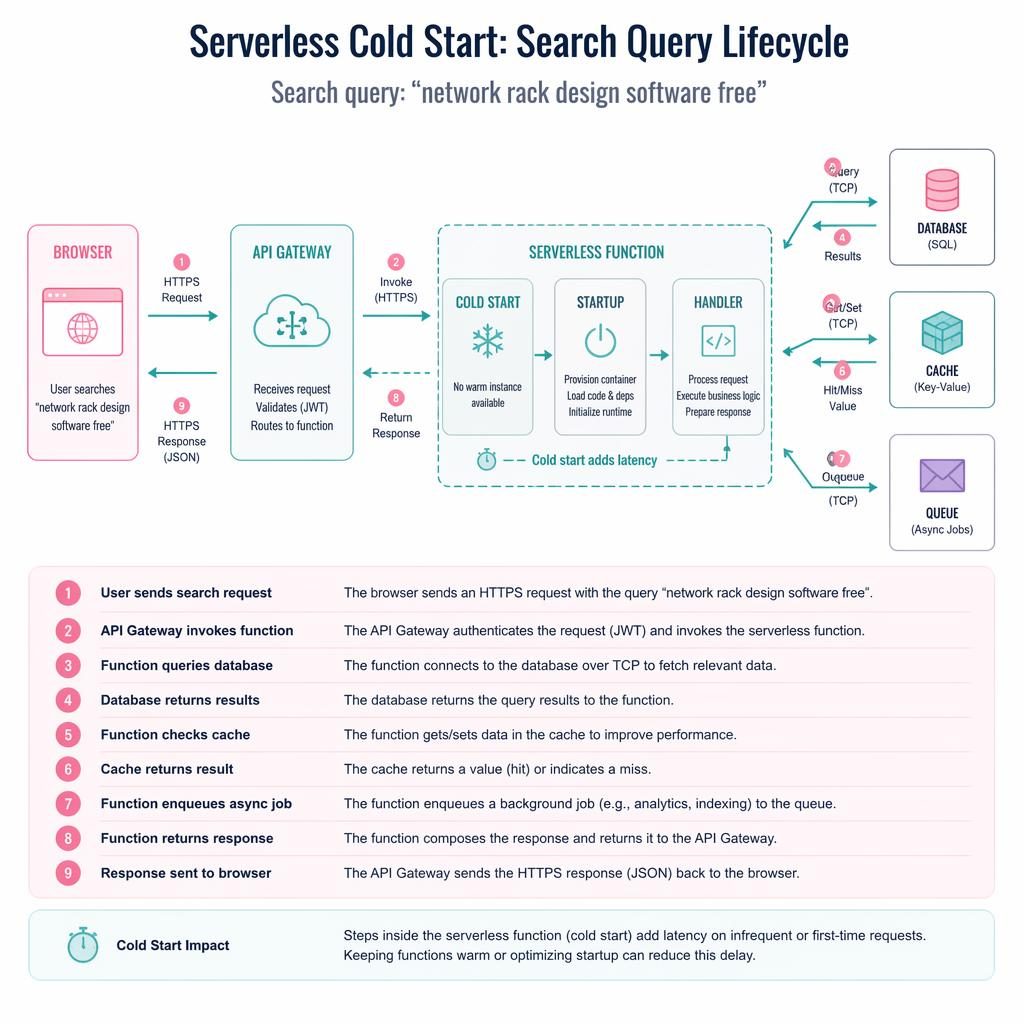 Minimal flat tech diagram of a serverless cold start with browser, API, DB, cache, and queue boxes linked by arrows.