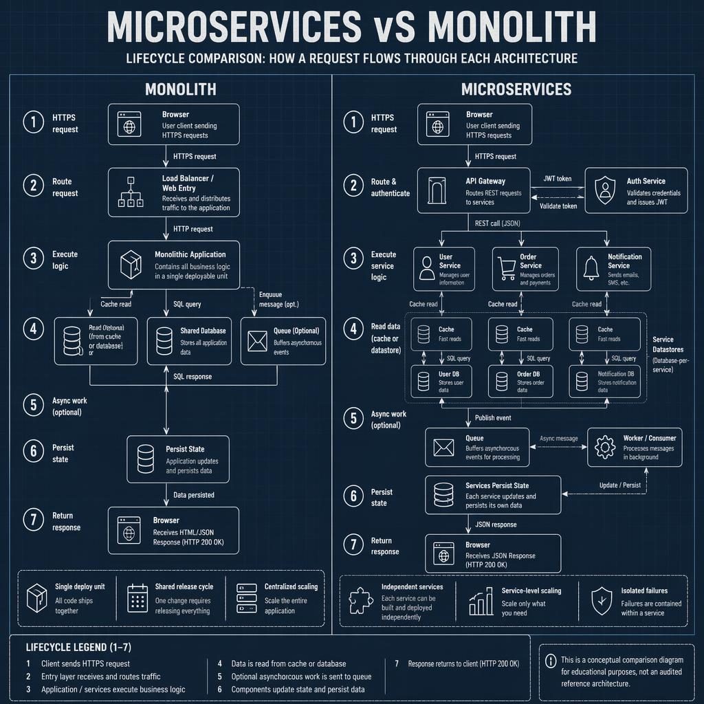 Infografía técnica en dos columnas que compara monolito y microservicios con flujos, cajas, flechas, caché, cola y bases de datos.